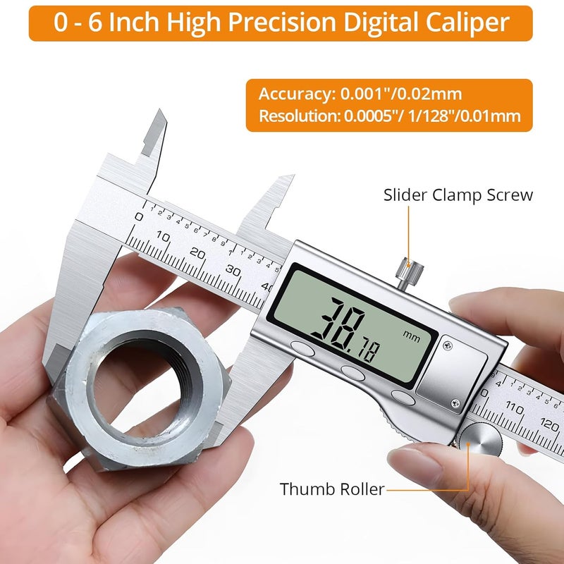 Neoteck 6 inch/150mm Digital Caliper Vernier Caliper Stainless Steel LCD Display Digital Caliper Measuring Tool with Fraction/Inch/MM Conversion Used for Inside,Outside Diameter,Depth,Step Measurement - Image 2